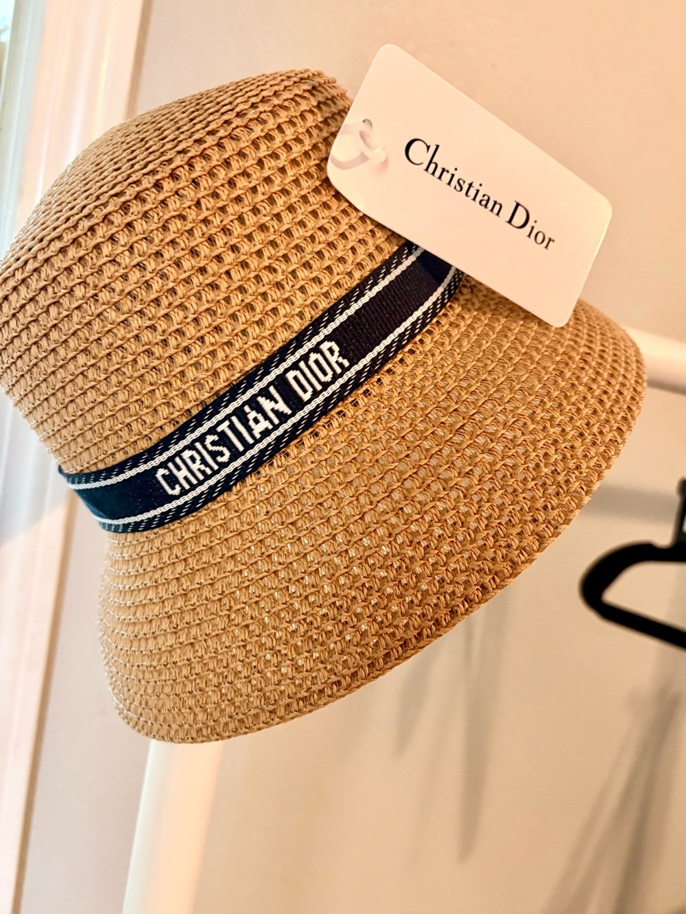 Dior  Tan Straw Bucket Hat with Navy Christian Dior Band